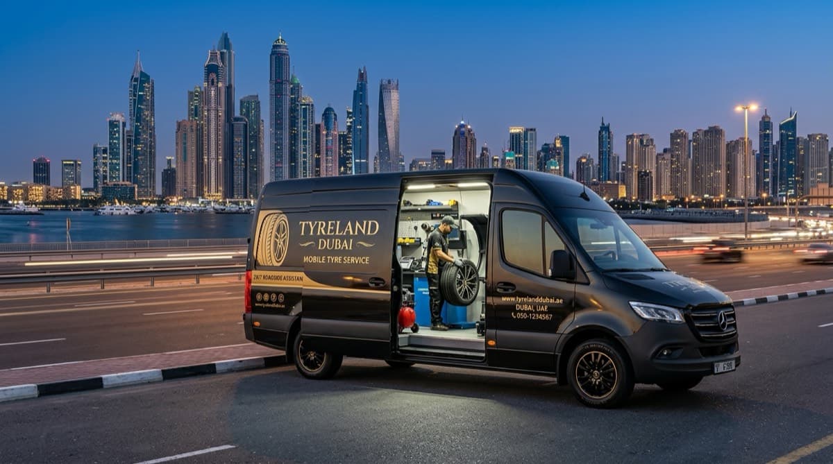 Tyreland Dubai Mercedes mobile tyre service van with Dubai skyline at dusk