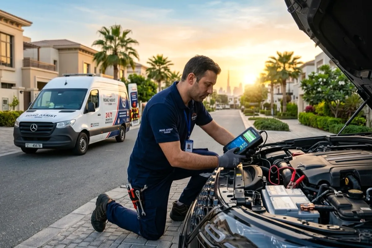 Car battery being tested with a digital battery tester