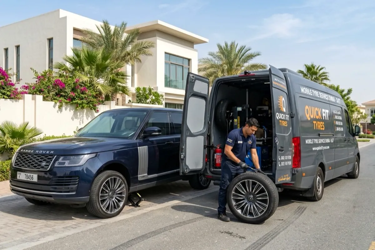 Technician fitting new tyres at a customer's home in Dubai
