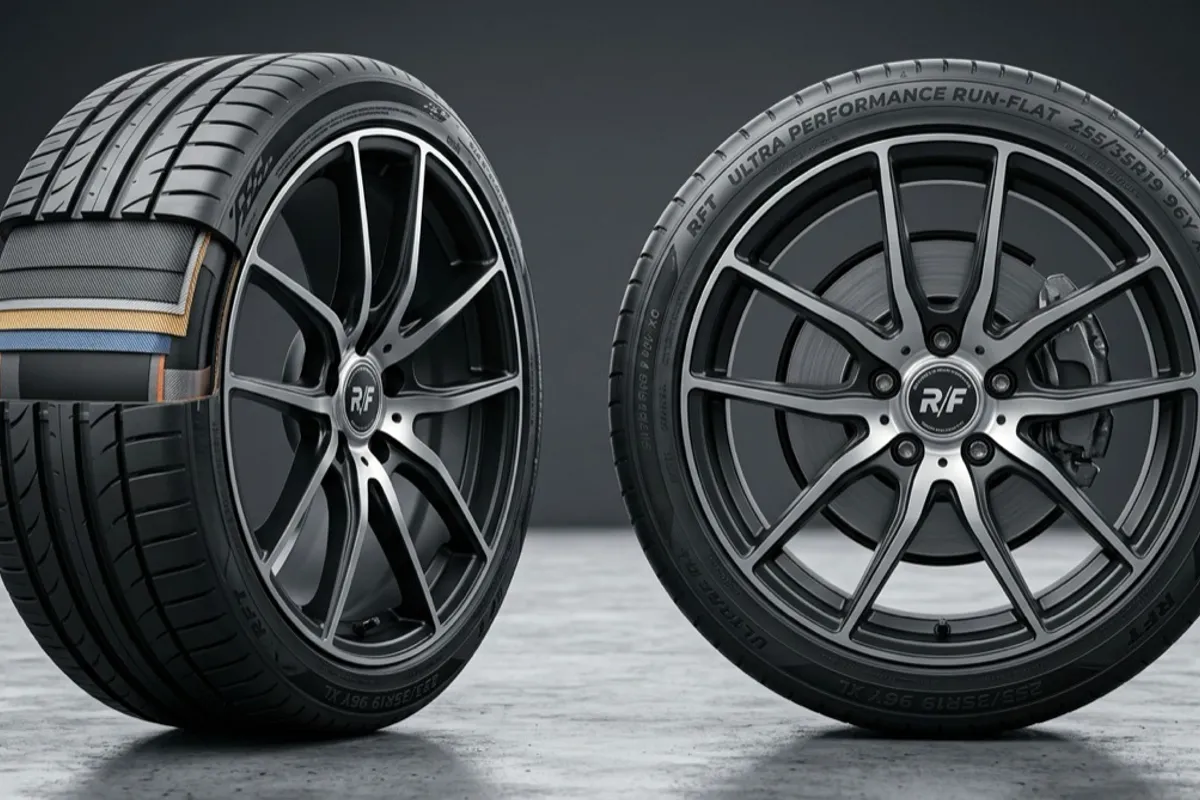 Cross-section comparing a run-flat tyre's reinforced sidewall with a standard tyre