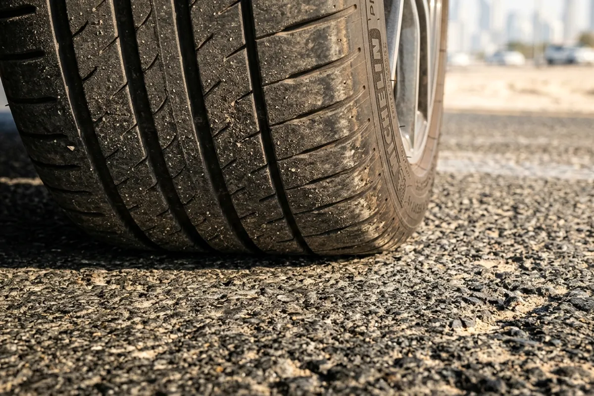 Heat-aged tyre sidewall with cracks caused by UAE sun
