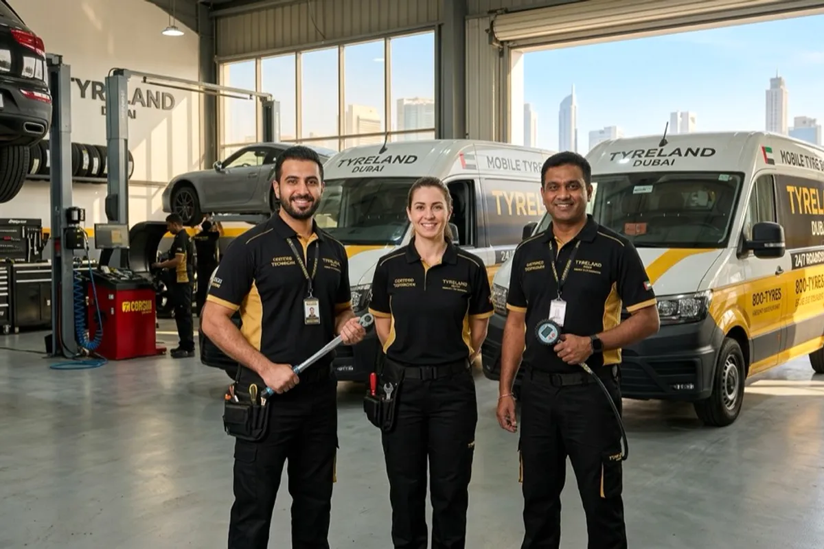 Vehicle tyres being checked during a UAE technical inspection