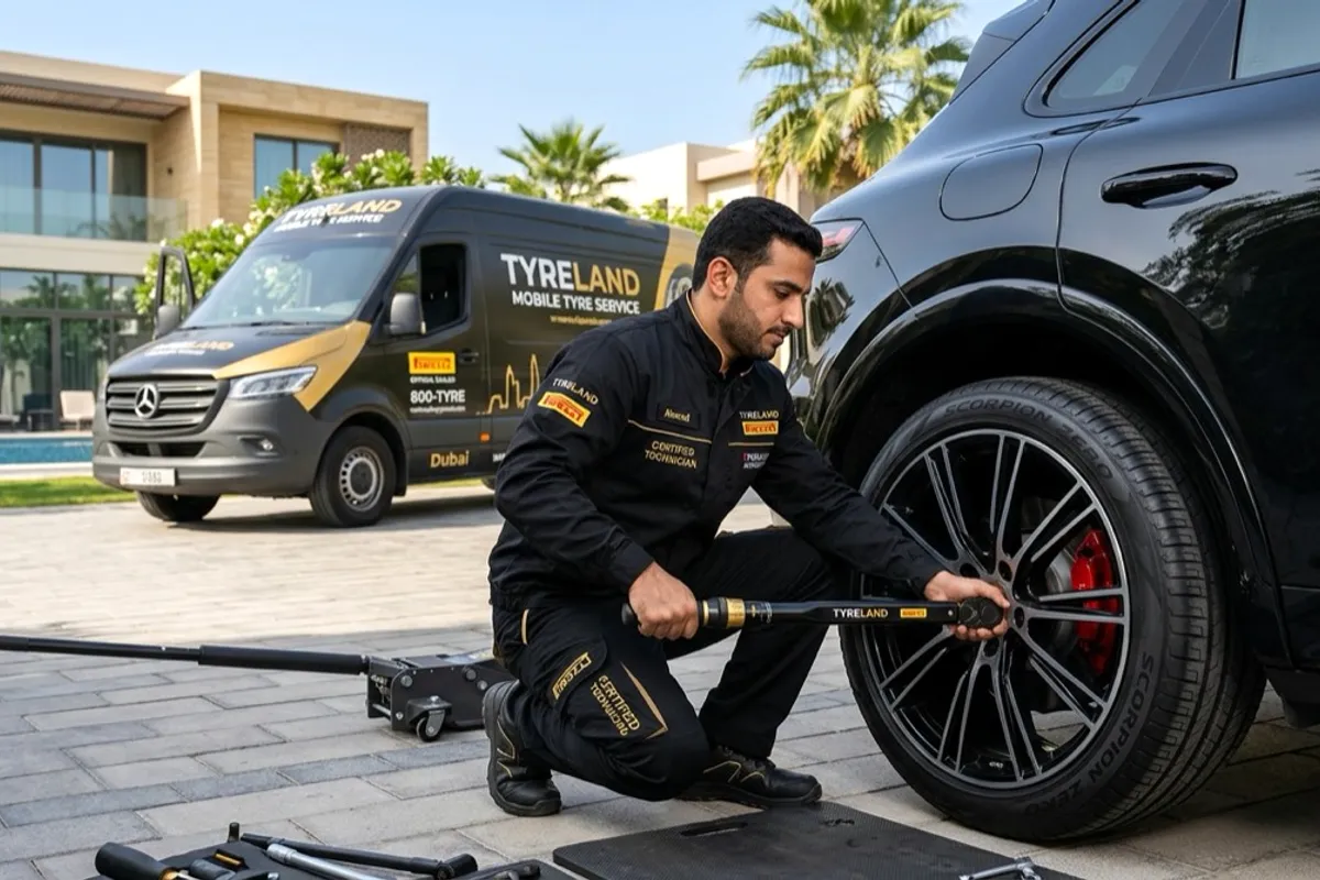 Technician balancing a new tyre on a computerised wheel balancer