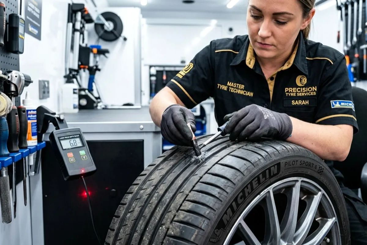 Technician fitting a patch to the inside of a punctured tyre